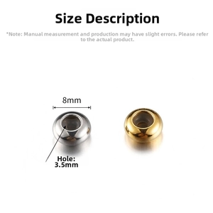 Macro shot of 8mm stainless steel slider beads with 3.5mm holes in gold and silver finish