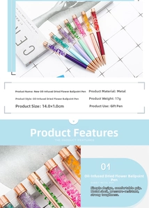 Detail view of colorful dried flower metal pens with specifications and 14cm dimensions