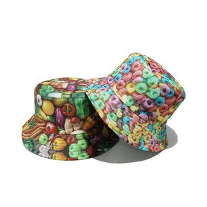 Women's summer sun hats with colorful vegetable and cereal snacks all-over prints