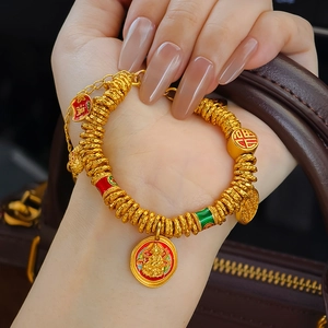 24k gold plated bangle with zircon stones, enamel charms, and traditional Chinese design