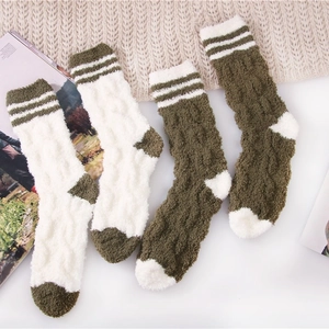 Thick striped coral fleece sleeping socks in green and white for cozy winter home wear