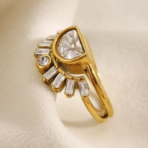 18K gold plated stainless steel sunburst ring with geometric zircons and fan-shaped design