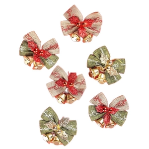 Set of 6 Christmas linen bows with golden bells and red berries for festive DIY decor
