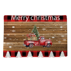 Christmas flannel absorbent door mat with red truck and Buffalo plaid pattern