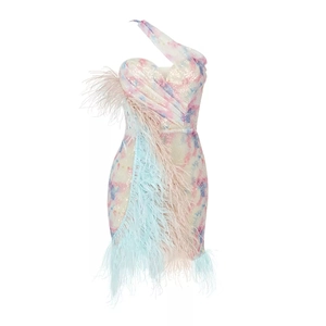 Detail of pink and blue sequin party dress with elegant ostrich feather trim and sequins