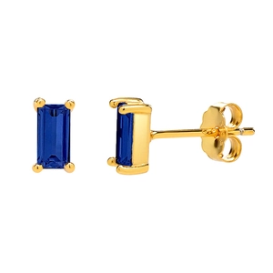 Royal blue baguette zircon stud earrings in 925 sterling silver gold plated setting