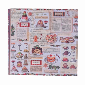 Close-up of vintage pink Christmas scrapbooking paper with hand-drawn cake and dessert patterns