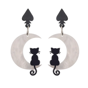 Halloween black cat and moon acrylic earrings with heart studs and white pearlescent charms