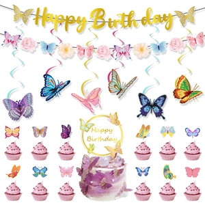 Detailed butterfly party set with Happy Birthday banner and glittery cake toppers