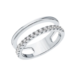 Double-layered S925 sterling silver ring with sparkling zircon inlays on white background