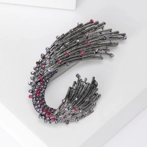 Vintage Rhinestone Wave Brooch with purple and pink crystals on dark grey alloy