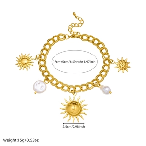 Gold-plated vintage sun and moon pearl bracelet with detailed size measurements