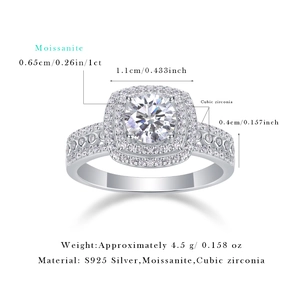 Elegant 1ct Moissanite S925 sterling silver square halo ring with side stone accents