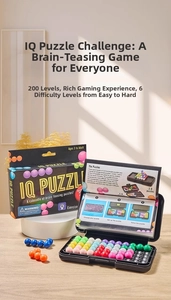 Close-up of IQ puzzle beads kit with colorful pieces and a 200-level challenge manual