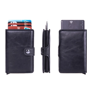 Black leather RFID credit card holder with pop-up aluminum case and snap button closure