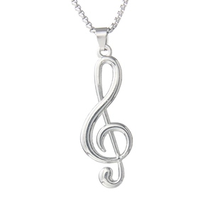Polished silver musical treble clef note pendant with stainless steel chain for women