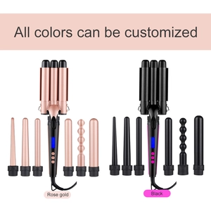 5-in-1 multifunctional rose gold and black hair curler set with various styling barrels