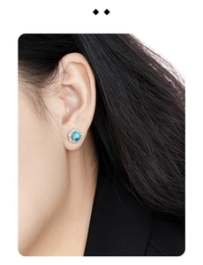 Macro shot of circular turquoise stud earring with crystal halo worn on ear
