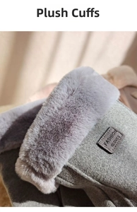 Detailansicht grauer Winterhandschuhe mit dicken Plüschbündchen und modischem Lederaufnäher