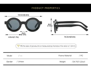 Detailed size chart for round sunglasses showing 14.3cm total width and PC frame specs