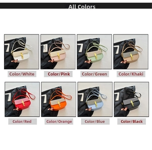 Grid display of minimalist flap handbags in eight vibrant colors with gold metal locks
