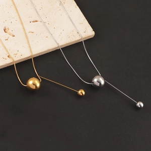Stainless Steel Y Necklace Round Ball And Bar Pendant Snake Chain Minimalist Elegant Jewelry For Women