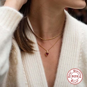 925 Sterling Silver gold heart necklace with red zircon in a layered style for women