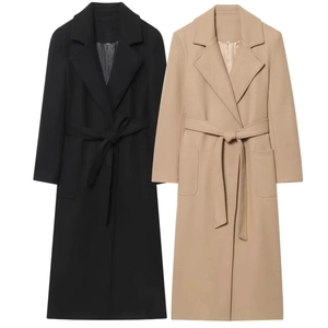 Women's long wool blend coat with lapel and belt in black and camel colors