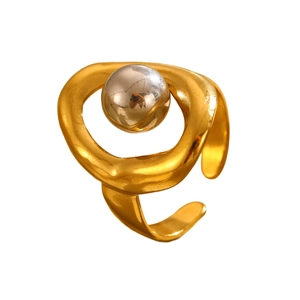 Minimalist geometric hollow open ring in two-tone gold and silver with a polished sphere