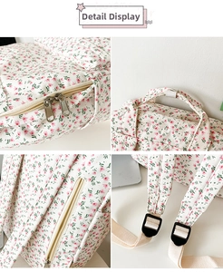 Close-up of floral backpack showing double zippers, reinforced handle and adjustable straps
