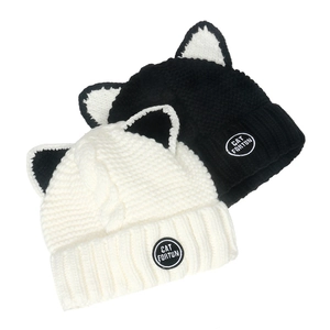 Cat Ear Knit Beanie Hat Acrylic Winter Warm Fleece Lined Ribbed Embroidered Patch Cute Headwear For Women