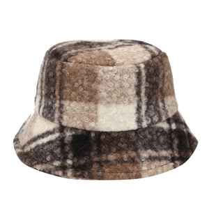 Cappello a secchiello in lana bouclé a quadri da donna in caldi toni autunnali