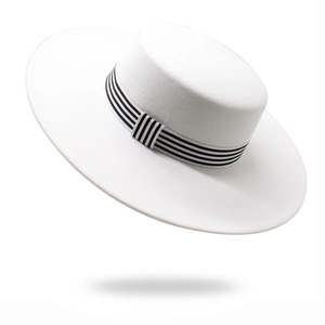 Retro Flat Top Wide Brim Boater Hat For Women Elegant Cotton Polyester Felt Style With Striped Ribbon Band