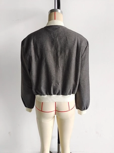 Rear view of grey casual flight jacket with white ribbed trim on a mannequin stand