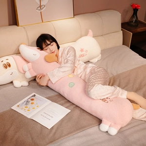 Soft dachshund plush long pillow in pink and beige colors with happy star embroidery