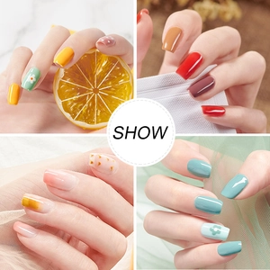 Detailed close-up of colorful nail stickers with floral patterns and glossy finishes