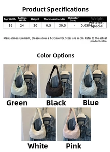 Size chart showing dimensions for a minimalist pleated crescent shoulder bag in five colors