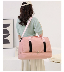 Pink large travel fitness bag with wet-dry separation base and adjustable shoulder strap