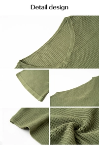 Gros plan détaillé du pull en maille verte montrant l'encolure, les poignets et la texture