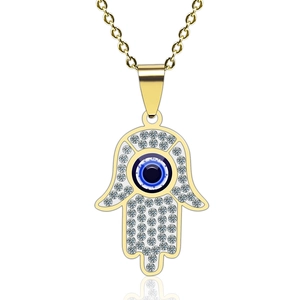 Exquisite gold Hamsa Hand necklace with blue Evil Eye and pavé crystals on white background