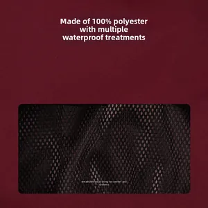 Detail of waterproof burgundy polyester shell and black breathable mesh lining for dog coat