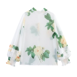 Blouse élégante en mousseline blanche avec imprimé roses jaunes et manches lanternes femme