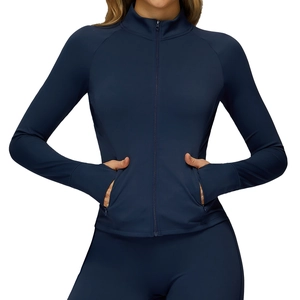 Veste de yoga bleu marine slim brossée avec fermeture éclair et poches pour la course