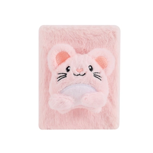 Close-up of pink plush notebook with cute 3D cartoon hamster ears and soft fur texture
