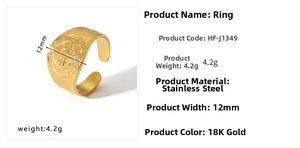 Detailed view of 18K gold-plated stainless steel ring with 12mm width and embossed pattern