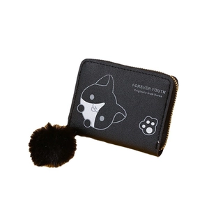 Black leather wallet with cartoon animal print and fur pompom charm for women