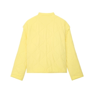 Women's bright yellow quilted puffer jacket with stylish stand collar and back view details