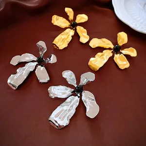 Oversized Floral Drop Earrings Irregular Wrinkled Hammered Metal Resin Bead With Silver Earring Post Trendy Jewelry For Women