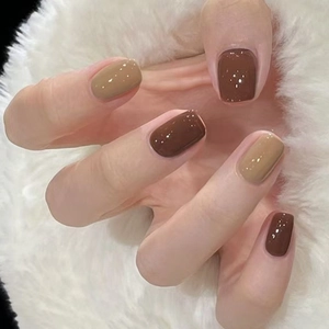 Press On Nails Glossy Mocha Brown Caramel Khaki Short Square ABS Detachable Full Cover DIY Manicure For Women