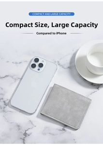 Slim grey matte leather wallet shown next to a smartphone for size comparison